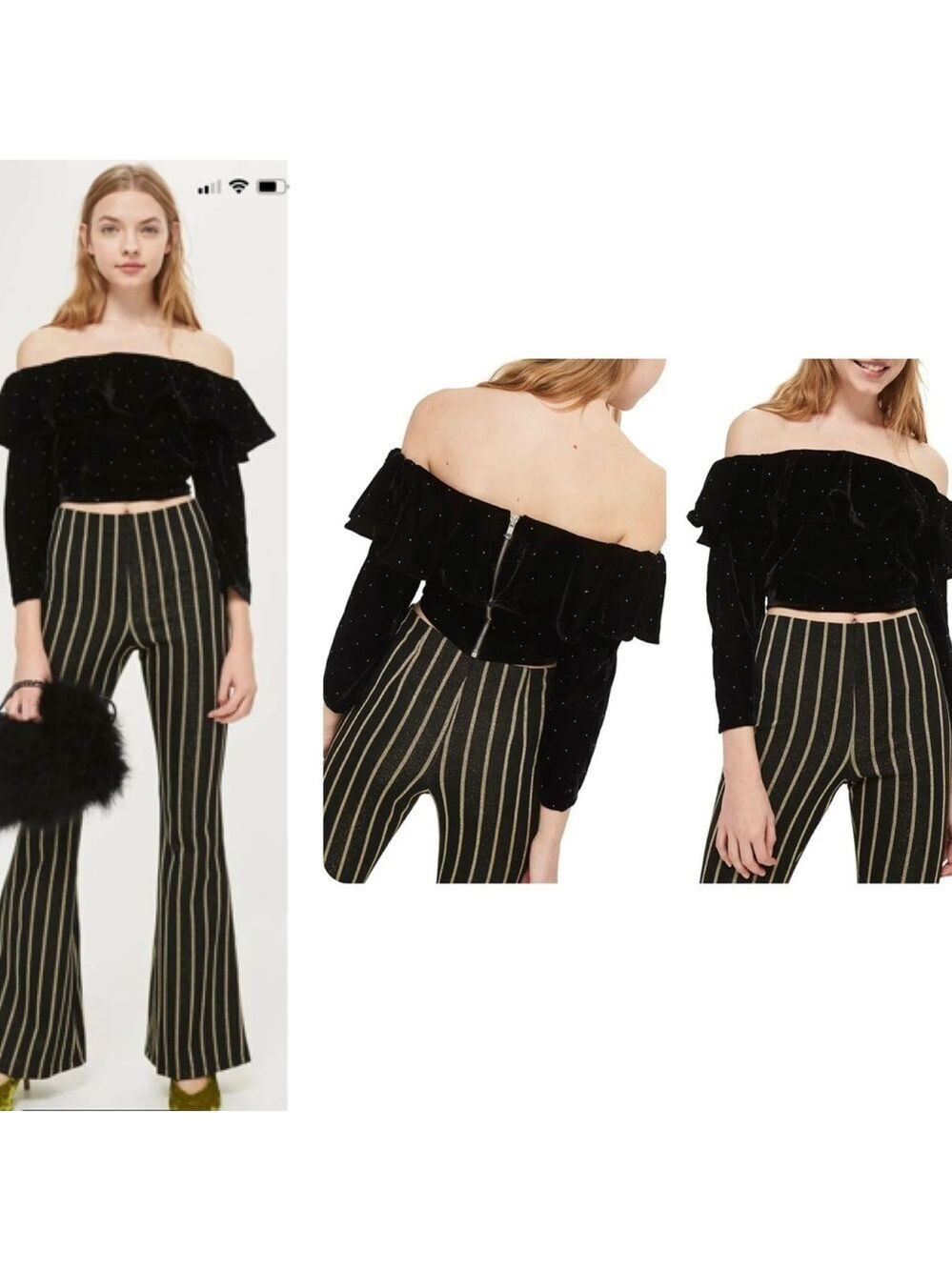 TOPSHOP black velvet ruffle frill polkadot crop top Sz 4